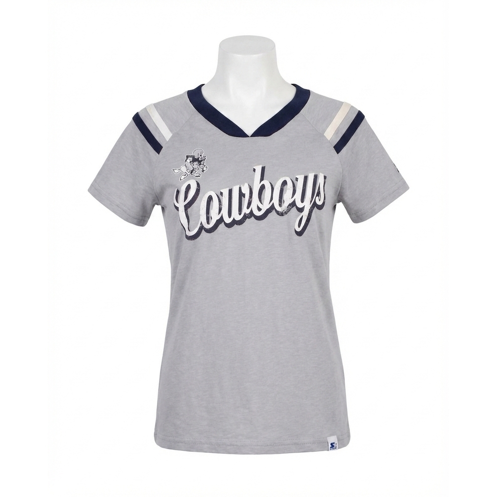 NEW STARTER womens dallas cowboys v-neck striped sleeve shirt in grey